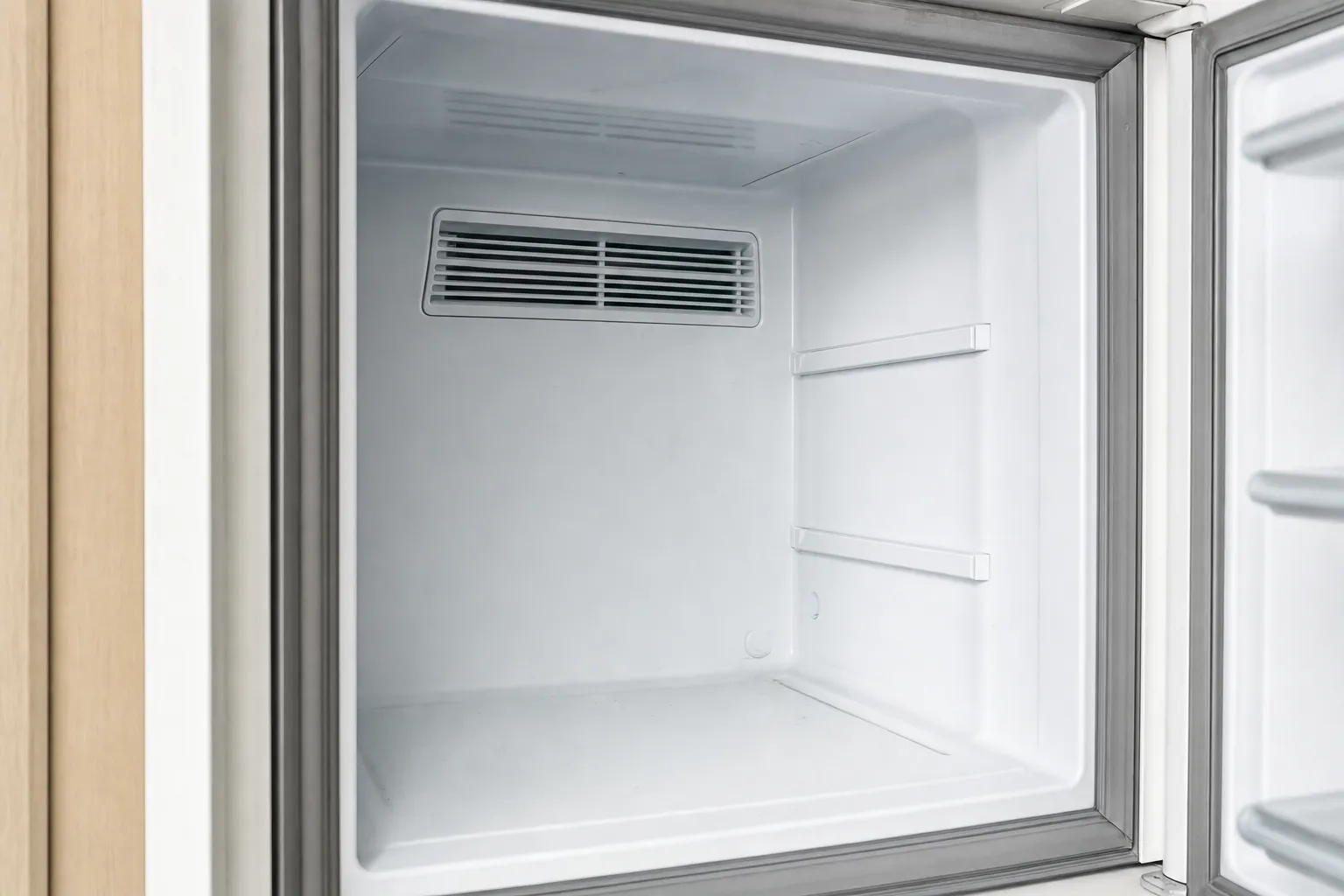 Empty freezer compartment standing open, white liner with an air vent grille and two bare shelf rails