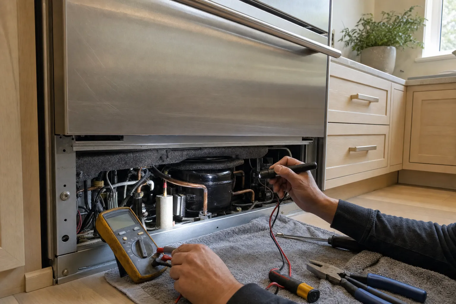Hands holding a flashlight and a multimeter at the compressor of a built-in refrigerator with its base grille removed