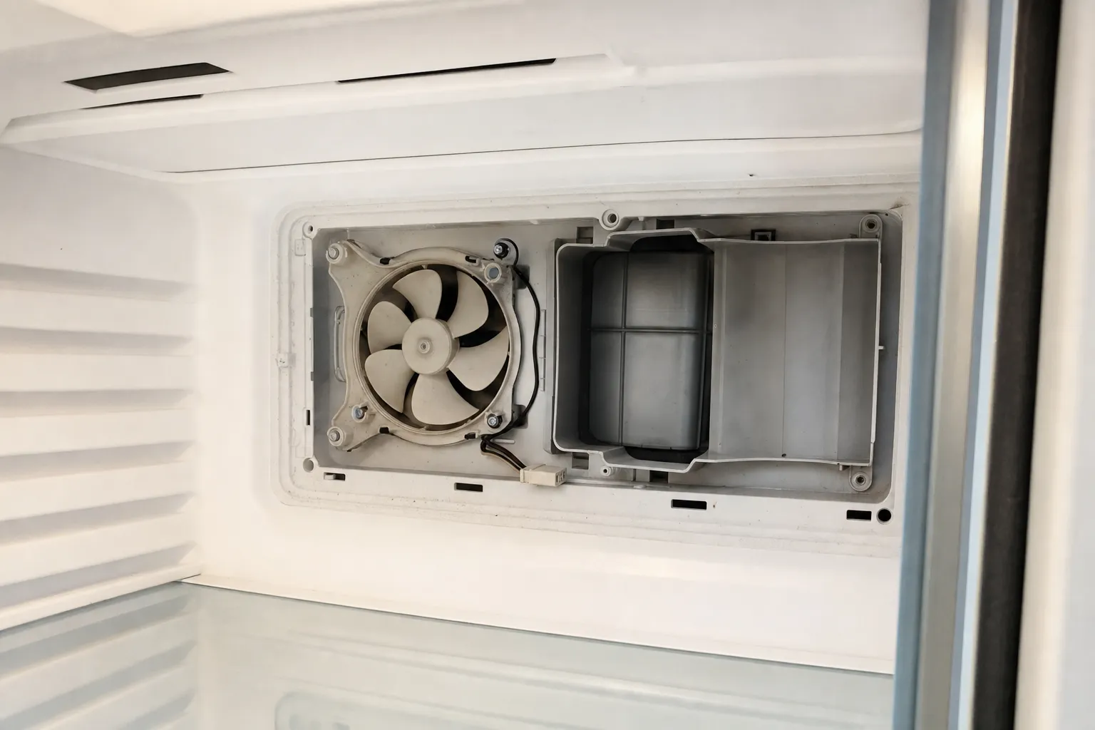 Interior rear panel opened inside a cold cabinet, exposing the evaporator fan and the drain trough beside it