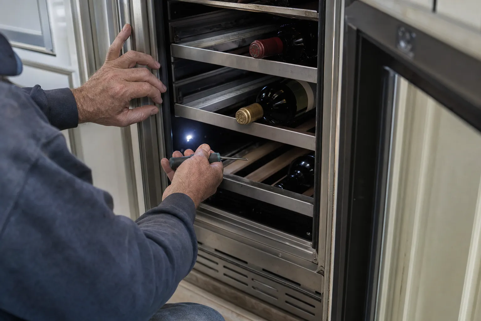 Kneeling worker with a screwdriver at the rails of an undercounter wine cooler, bottles resting on stainless shelves