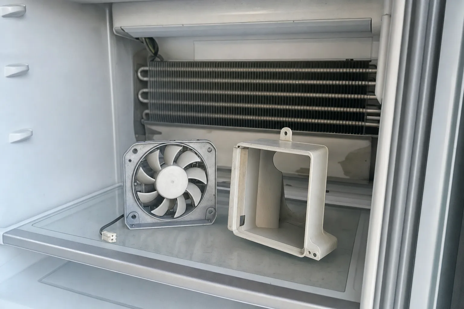 Finned evaporator coil exposed at the back of a cabinet, a square fan and its white plastic shroud resting on the glass shelf below