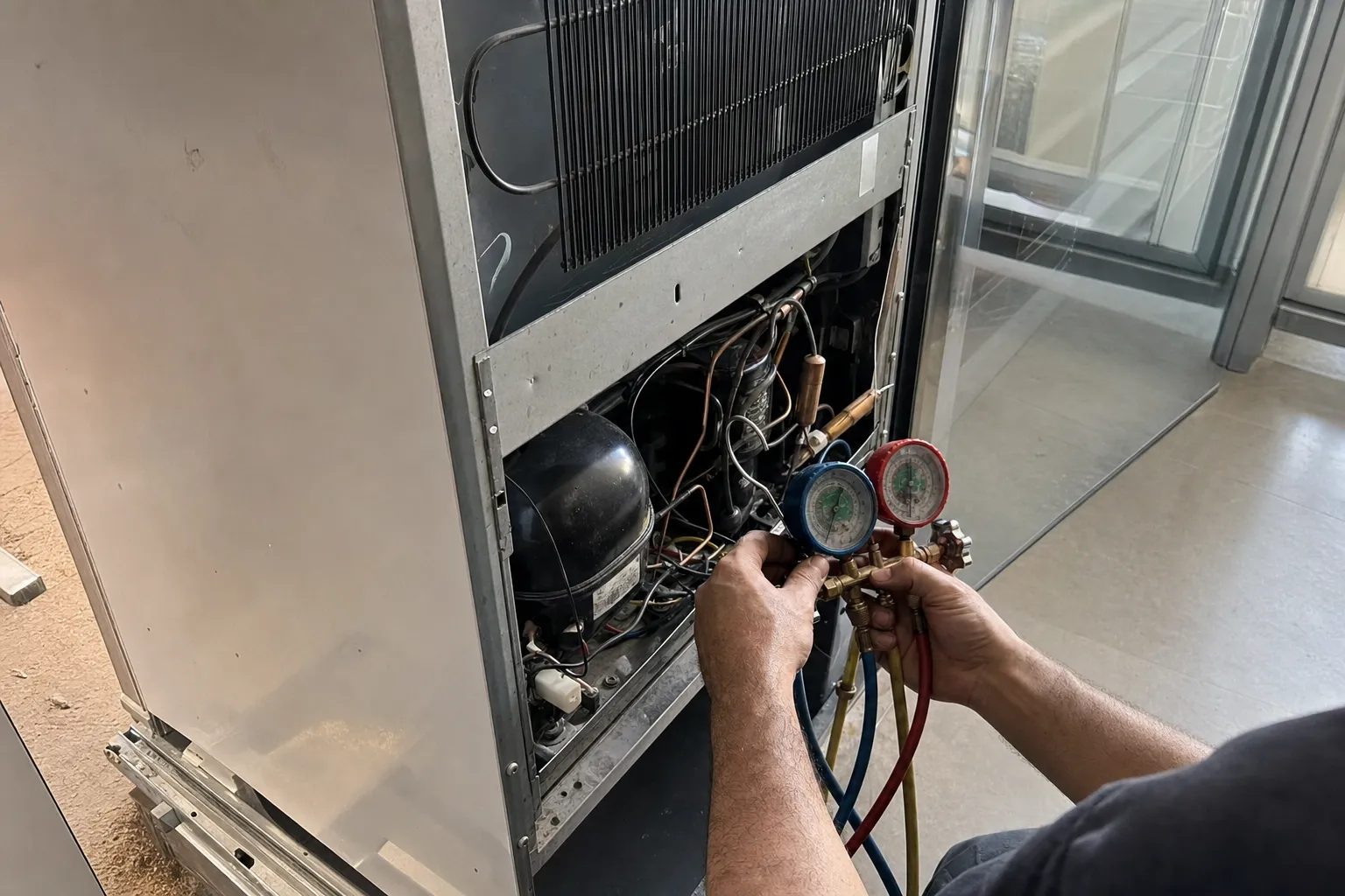 Hands holding a red and blue manifold gauge set at the compressor of a tall cabinet with its lower back panel removed