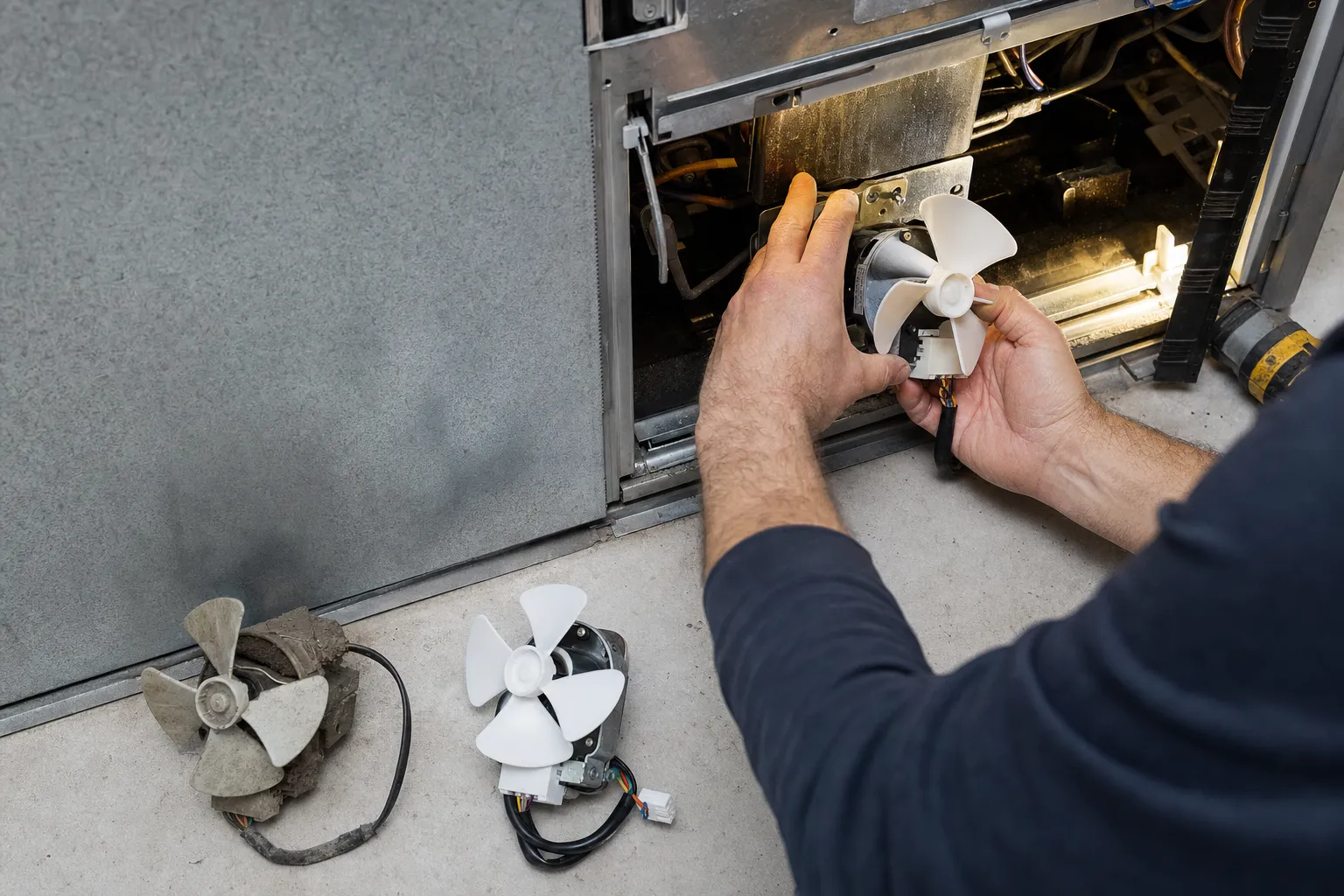 Hands holding a small white fan motor at the open base of a unit, a dust-caked old motor and a spare lying on the floor below