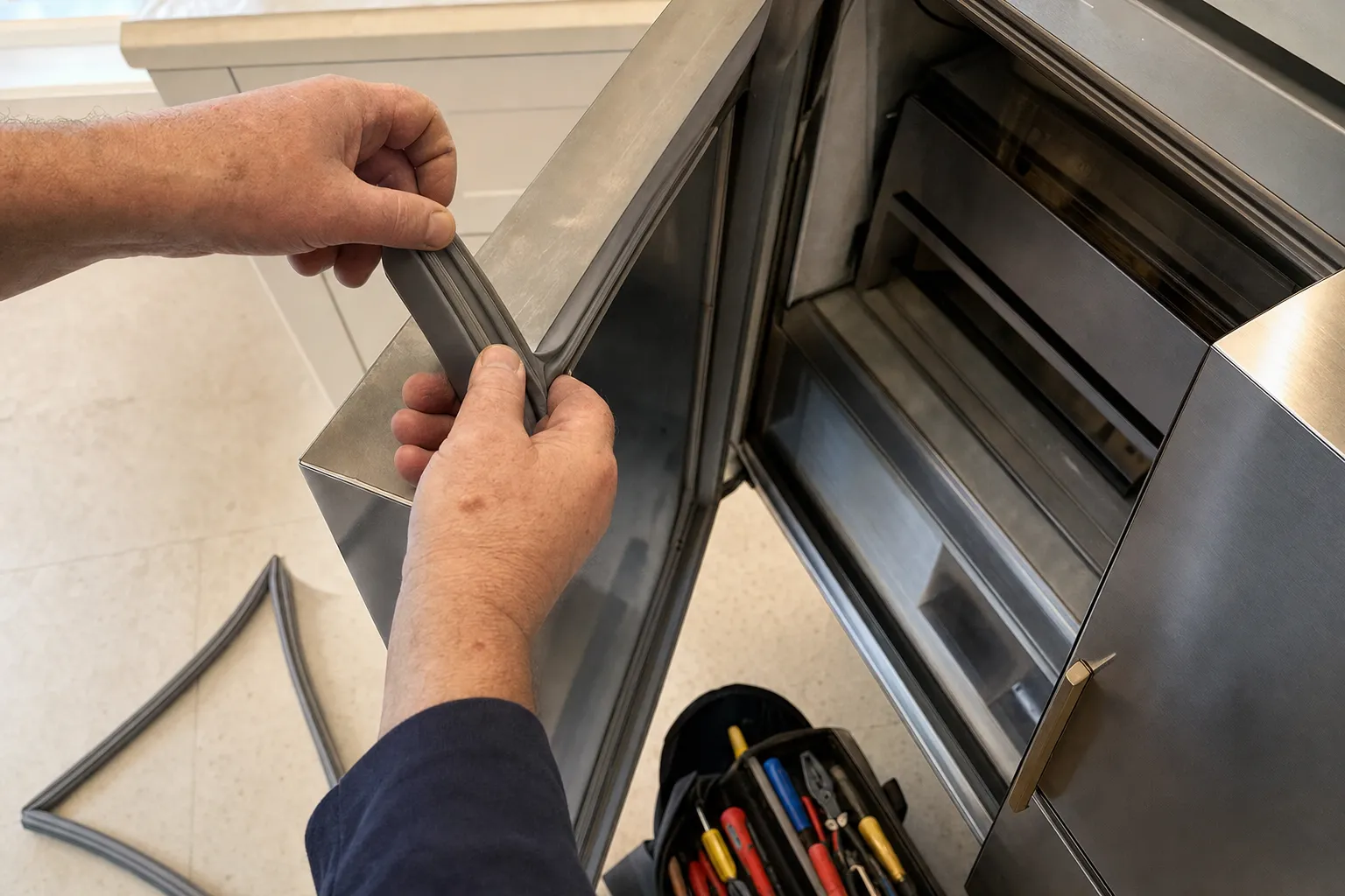 Hands pressing a new grey gasket into the channel of an open stainless door, the old gasket on the floor and a tool bag below