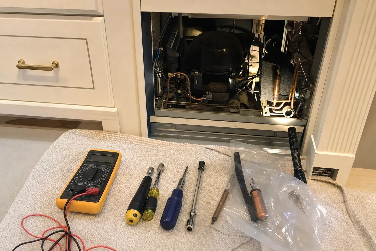 Undercounter unit set into cream cabinetry with its front panel removed, compressor and copper lines lit, a multimeter, nut drivers and a bagged copper part on a towel