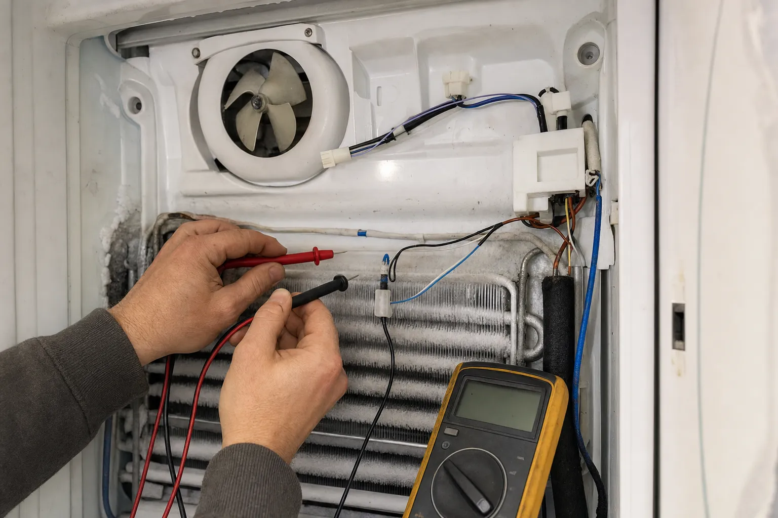 Hands touching meter probes to the wiring on an evaporator coil inside a cabinet, a small round fan above and a yellow multimeter hanging beside it