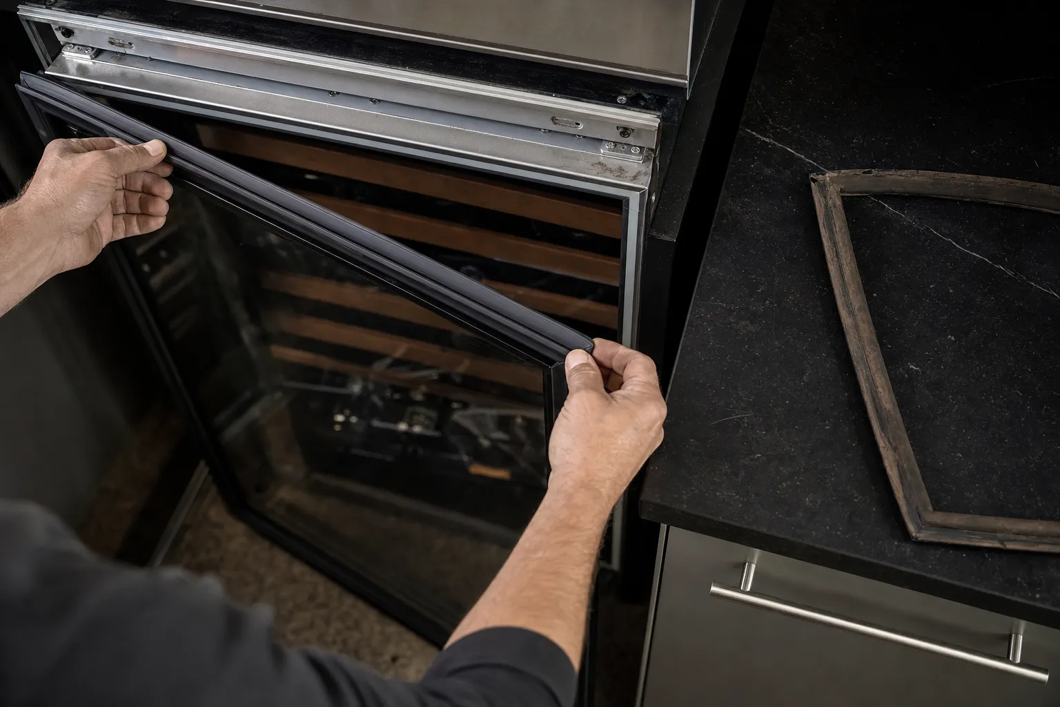 Hands pressing a new dark gasket around the glass door of a wine unit, wooden racks visible through the glass and the old perished gasket lying on a stone counter